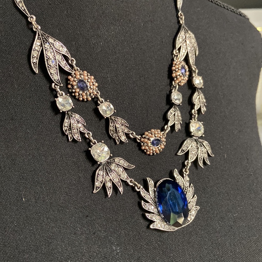 Antiqued Silver Statement Necklace with Blue Stone